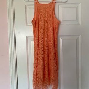 coral colored, lace dress